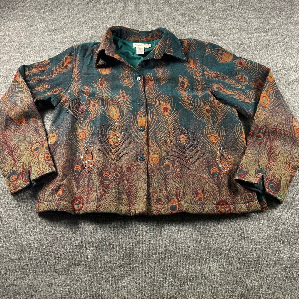 Coldwater Creek Wool Peacock Tapestry Jacket Beaded Sequin Teal Orange Large